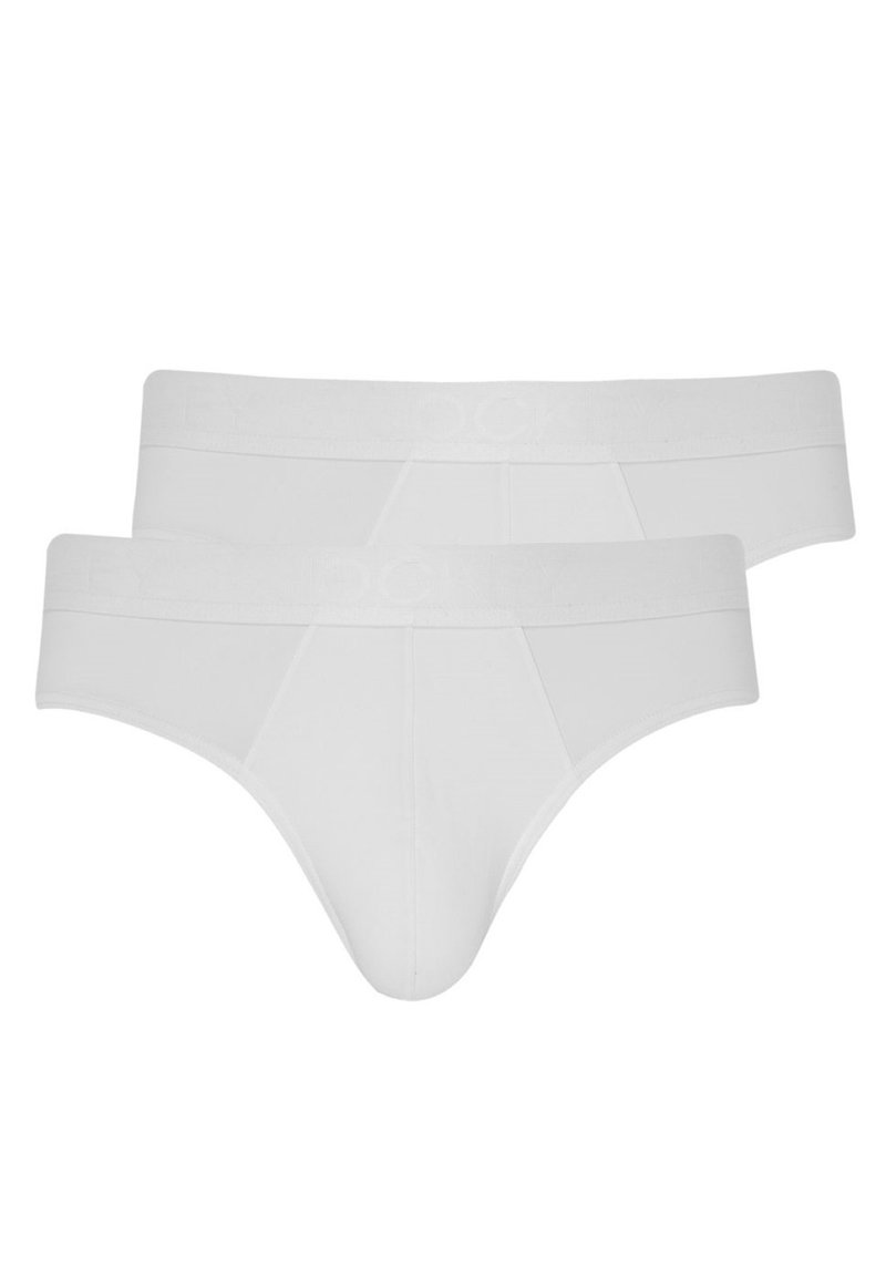Slip in cotone bianco con una superficie liscia, dotati di una cintura morbida e un taglio classico. Due paia impilati, mostrando un design a copertura totale.