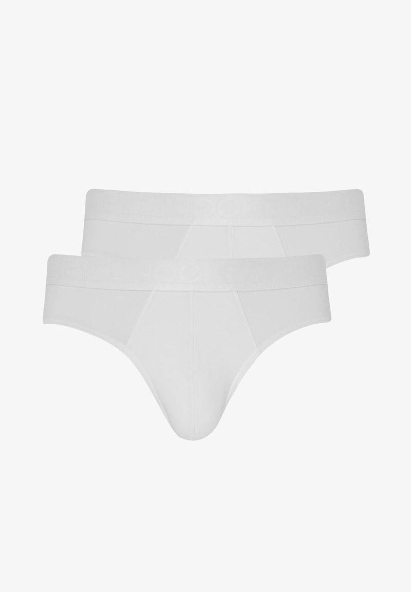 Caleçons en coton blanc avec une texture lisse, dotés d'une taille douce et d'une coupe classique. Deux paires empilées, montrant un design offrant une couverture complète.