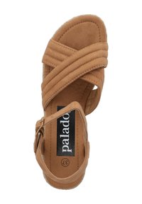 Tan suede sandal with crisscross strap design, open toe, adjustable ankle strap, and textured footbed. Label shows size 37.