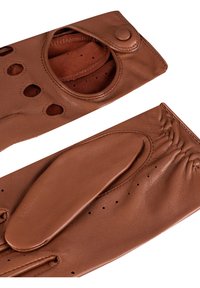 Guantes de cuero marrón con diseño sin dedos, agujeros de ventilación, forro interior suave y costura elástica en la muñeca para mayor comodidad.