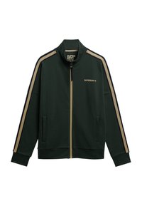 Chaqueta verde con cremallera y cuello alto, con franjas en contraste en color beige y azul marino a lo largo de las mangas, y bolsillos laterales. Textura de tela suave.