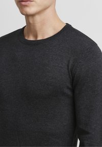 Dunkelgrauer Rundhalsausschnitt-Pullover aus glattem Strickmaterial, mit taillierter Passform und gerippten Bündchen, die einfache, klare Linien betonen.