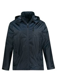 Marineblaue wasserdichte Jacke mit Kapuze, Frontreißverschluss und zwei Seitentaschen. Mit glatter Textur und leichtem Design.