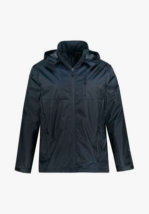 Marineblaue wasserdichte Jacke mit Kapuze, Frontreißverschluss und zwei Seitentaschen. Mit glatter Textur und leichtem Design.