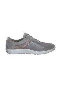 Light gray athletic shoe with a textured upper, smooth accents, lace-up design, and white rubber sole. Features a mix of suede and synthetic materials.