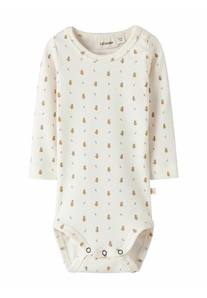Långärmad babybody i krämfärgad ribbad tyg med ett spritt mönster av små bruna blommor och gröna blad, med tryckknappar i botten.