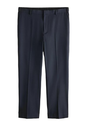 Dunkel marineblaue formelle Hose mit Gürtelschlaufen, seitlichen Taschen und einer zentralen Bügelfalte an jedem Bein.