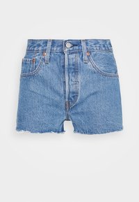 Shorts in denim blu con vita alta, orlo sfrangiato, design a cinque tasche e dettagli in cucitura arancione. Tessuto liscio, vestibilità casual.