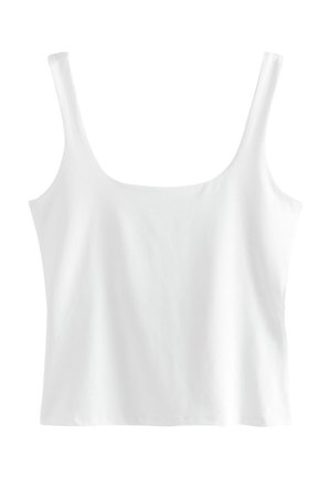 Haut blanc sans manches avec un décolleté carré et un ourlet droit. Fabriqué en tissu lisse avec une texture douce. Design minimal, sans motifs ni accents.