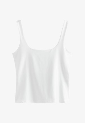 Top bianco senza maniche con scollatura quadrata e orlo dritto. Realizzato in tessuto liscio con una consistenza morbida. Design minimalista, senza motivi né dettagli.