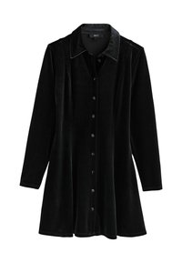 Schwarzes Samthemdkleid mit langen Ärmeln, Knopfverschluss auf der Vorderseite und einem spitzen Kragen mit subtiler Textur und Glanz.