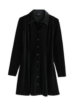 Schwarzes Samthemdkleid mit langen Ärmeln, Knopfverschluss auf der Vorderseite und einem spitzen Kragen mit subtiler Textur und Glanz.