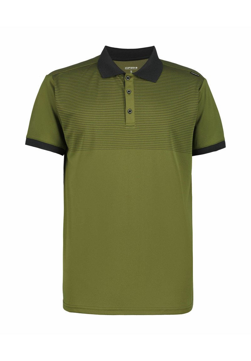 Olijfgroen poloshirt met een zwarte kraag, zwarte mouwboorden, drie zwarte knopen en dunne horizontale strepen over de bovenborst.