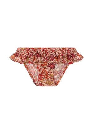 Slip bikini con motivo floreale e fascia arricciata in tonalità di rosso, arancione e rosa su sfondo chiaro.