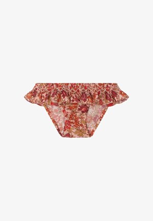 Slip bikini con motivo floreale e fascia arricciata in tonalità di rosso, arancione e rosa su sfondo chiaro.