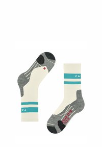 Ein Paar Knöchelsocken mit einem cremefarbenen Grund und grauen sowie türkisfarbenen Streifen, strukturierten Zehen- und Fersenbereichen sowie roten Logoakzenten.