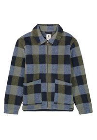 Blaue, grüne und schwarze karierten Zip-Jacke mit Kragen und zwei aufgesetzten Fronttaschen, aus einem flauschigen Stoff gefertigt.