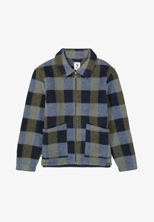 Blauw, groen en zwarte geruite ritjack met kraag en twee opgestikte voorzakken, gemaakt van een pluizige textuurstof.