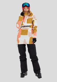 Personne portant une veste de ski multicolore, un pantalon de ski noir, des gants noirs, un bonnet rouge, des lunettes de ski et des bottes de ski noires sur un fond gris.