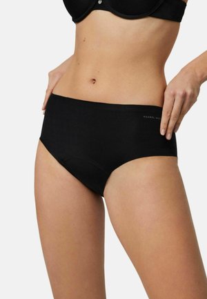 Ropa interior negra de cintura alta con textura suave y cintura elástica. Presenta un logotipo en el lateral y un diseño sin costuras para mayor comodidad.