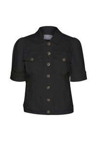 Svart kortärmad jacka i lättviktig tyg, med två bröstfickor, guldknappar och en strukturerad krage.