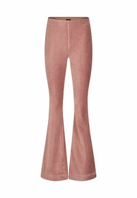 Pantaloni in corduroy a zampa d'elefante rosa chiaro con texture a righe verticali, vita media e risvolti larghi all'orlo.