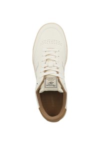 White leather sneakers with perforated toe, flat laces, and brown accents on the interior. Includes branded tongue label.