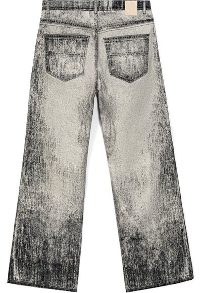 Wide-leg denim jeans in a faded black and gray wash, featuring two back pockets and a textured finish. Leather patch on the waistband.