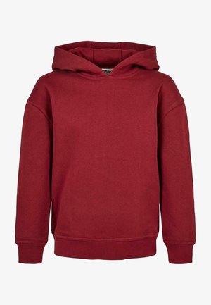 Sweat à capuche uni rouge foncé avec manches longues et poignets et ourlet côtelés, présenté sur fond blanc.