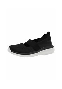 Svart slip-on sko gjord av ventilerande mesh med ett brett elastiskt band och en vadderad vit sula. Har en texturerad framsida och minimal branding.