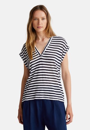 Striped v-neck top in navy and white, featuring short sleeves, a relaxed fit, and a lightweight fabric with a slightly textured surface.