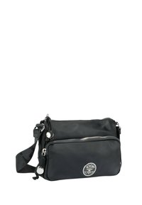 Borsa a tracolla in nylon nera con cerniera argentata, tasca frontale e logo circolare. Fascetta regolabile con finitura texturizzata.