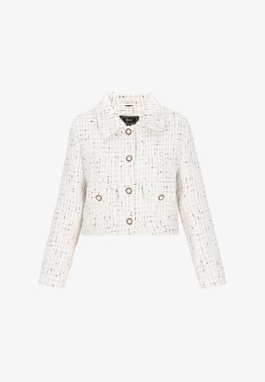 Valkoinen lyhyt takki, joka on valmistettu teksturoidusta tweedistä. Takissa on ruudullinen kuvio, kaksi etutaskua ja ruskeat napit sekä kauluksen näköinen kaulus.