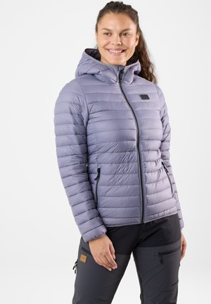 Light purple puffer jacket with a hood, featuring horizontal quilting, front zipper, and side pockets, paired with dark pants.