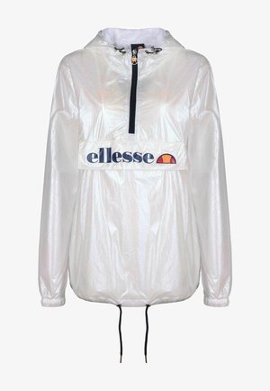 Transparent, lightweight, hooded jacket with a half-zip front, featuring a printed logo in navy on a white chest panel and adjustable drawstrings.