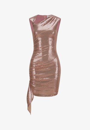 Rosa-goldenes Pailletten-Kleid mit figurbetonter Silhouette, asymmetrischem Halsauschnitt und drapiertem Detail. Glatte Textur mit Schlitz an der Seite.