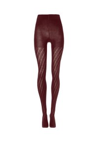 Höga bourgogne tights med diagonala genomskinliga randiga mönster som sträcker sig från låren till anklarna.