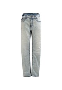 Jasnoniebieskie dżinsy o prostym kroju, pięć kieszeni, kontrastowe przeszycia i lekko wyblakła tekstura.