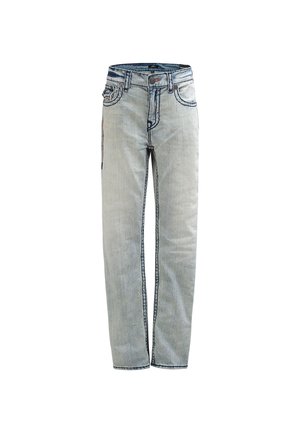 Lichtblauwe denim jeans met een recht gesneden ontwerp, vijf zakken, contrasterende stiksels en een licht vervaagde textuur.