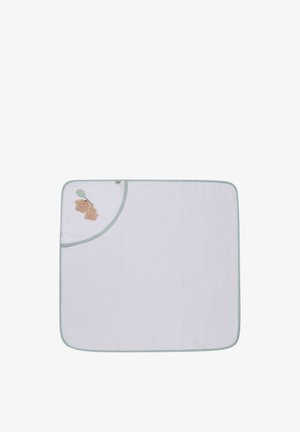 White baby towel with light green trim and a corner hood featuring a small embroidered brown dog holding a green balloon.