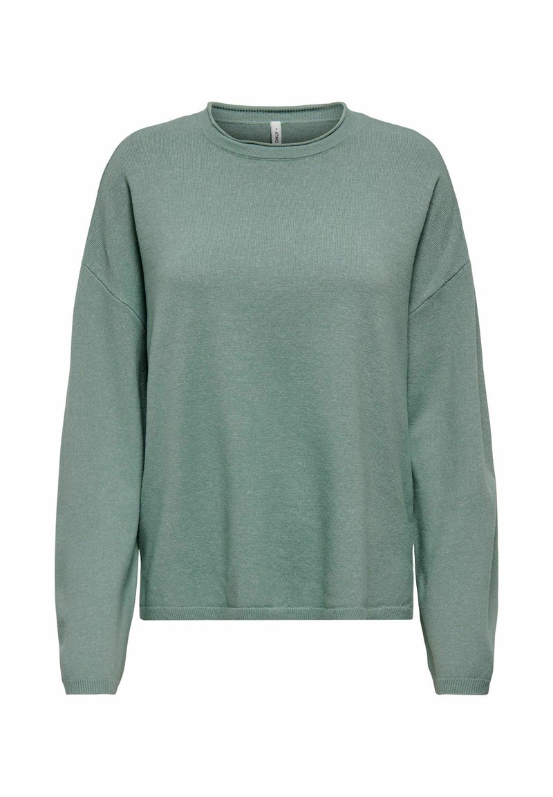 Sweat-shirt vert avec un col rond, des manches longues raglan et une coupe décontractée. Fabriqué en tissu mélangé de coton doux avec une finition texturée.