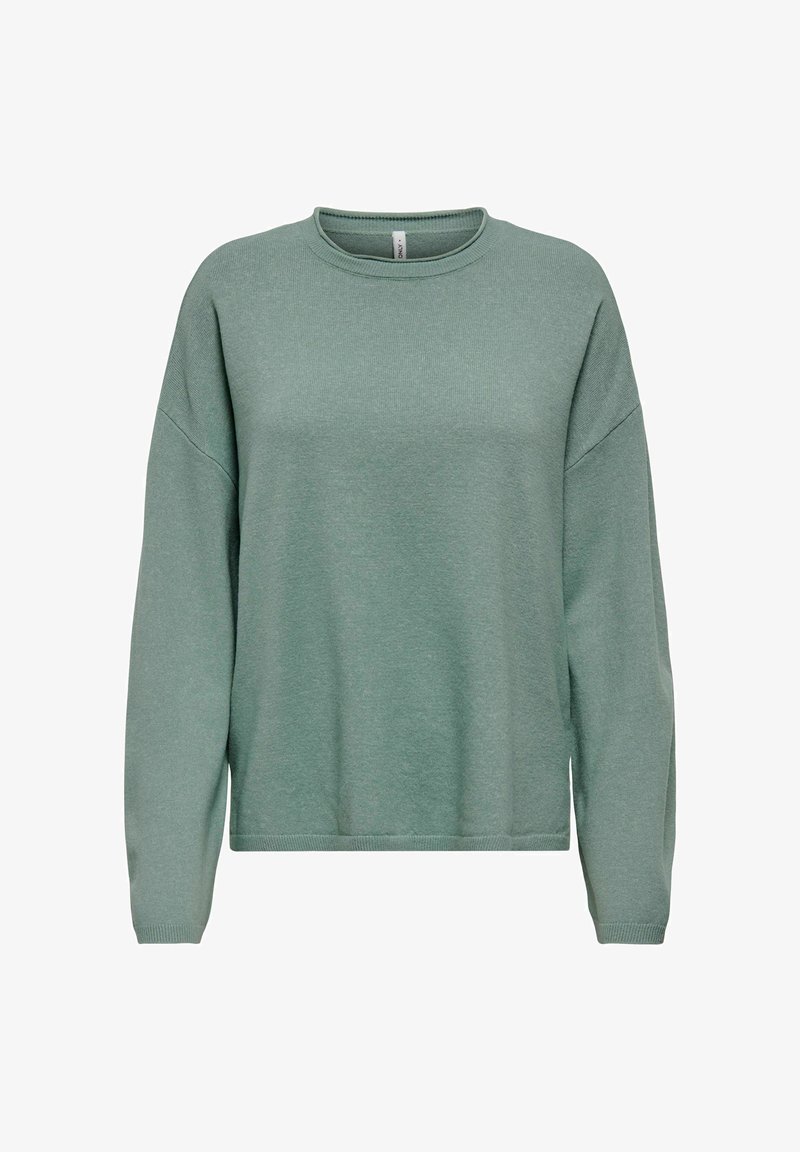 Sweat-shirt vert avec un col rond, des manches longues raglan et une coupe décontractée. Fabriqué en tissu mélangé de coton doux avec une finition texturée.