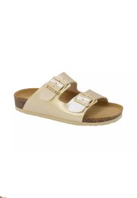Sandali scivolati in finta pelle oro con due cinturini regolabili e fibbie, una soletta in sughero e una suola in gomma texture.