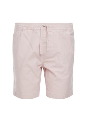 Shorts de bain rose clair en tissu doux, dotés d'une taille élastique avec cordon de serrage, et d'une coupe droite avec ourlets cousus.