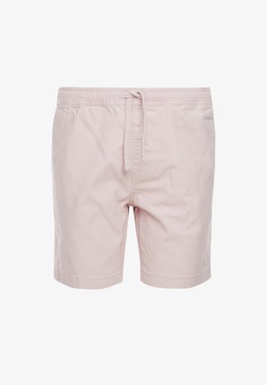 Shorts de bain rose clair en tissu doux, dotés d'une taille élastique avec cordon de serrage, et d'une coupe droite avec ourlets cousus.