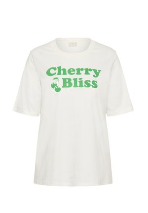 Tricou alb din bumbac cu mâneci scurte, cu text verde „Cherry Bliss” și grafică cu cireșe. Design ușor și casual.