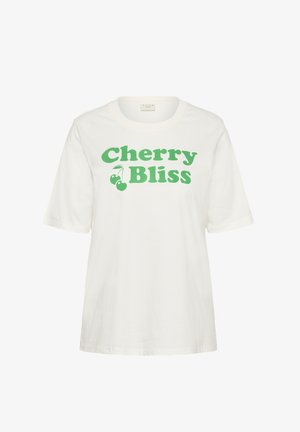 White cotton t-shirt with short sleeves featuring green "Cherry Bliss" text and cherry graphic. Lightweight and casual design.