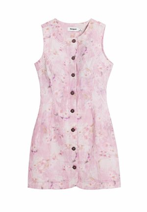 Abito rosa senza maniche con un motivo floreale, con bottoni sul davanti e dettagli cuciti. Realizzato in tessuto morbido, presenta una forma aderente.
