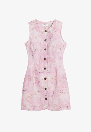 Sleeveless pink dress with a floral pattern, button front, and stitched detailing. Made from soft fabric, features a fitted shape.