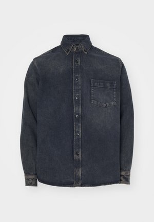 Dark blue denim shirt with a button-down collar, featuring a chest pocket and faded texture. Long sleeves with button cuffs.